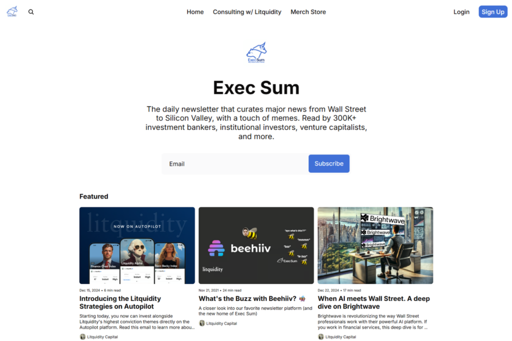 Exec Sum homepage featuring a daily business newsletter and featured finance articles