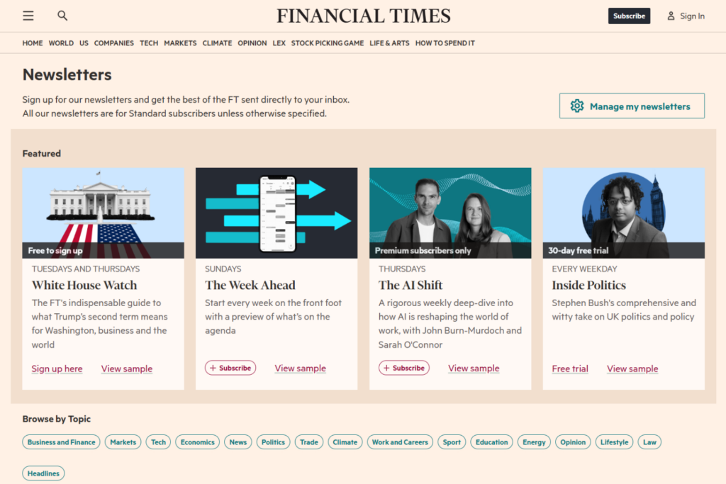 FT newsletter page featuring curated editions on business, politics, and AI