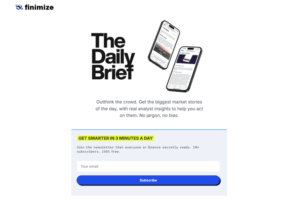Finimize Daily Brief signup page promoting a concise daily market news newsletter