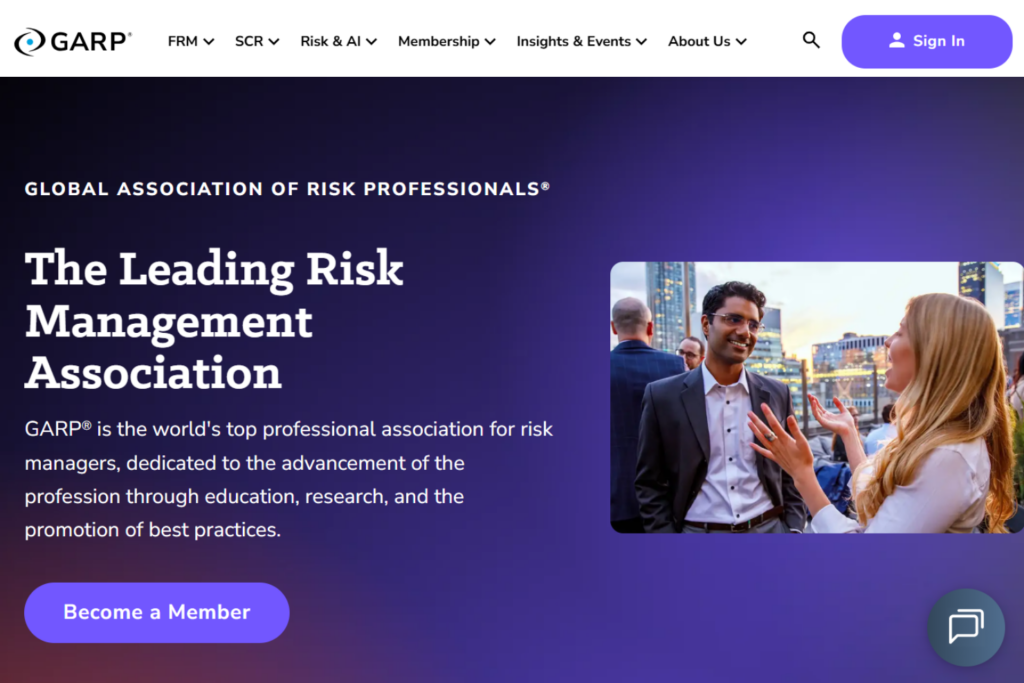 GARP homepage promoting membership for risk professionals