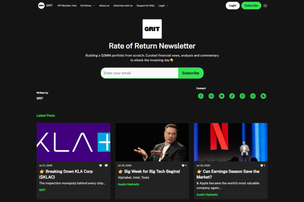 GRIT homepage promoting an investing newsletter with curated market analysis and commentary