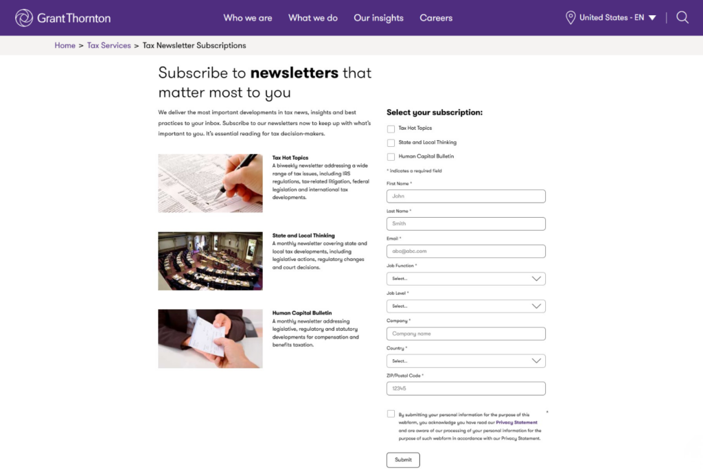 Grant Thornton tax newsletter subscription page