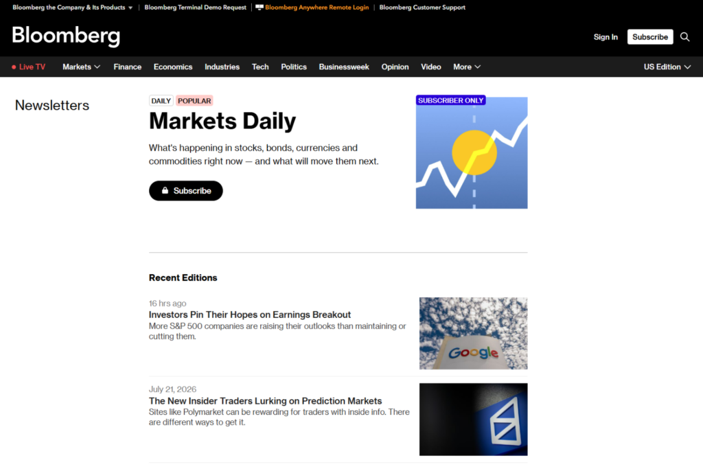 Markets Daily newsletter page highlighting recent stock market and investing updates