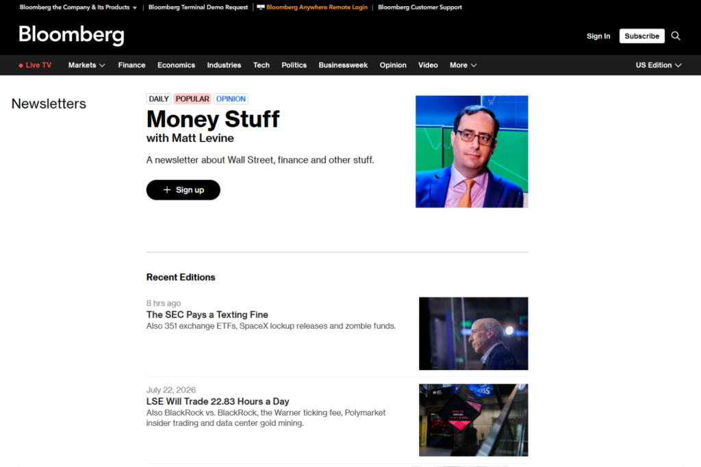 Money Stuff newsletter page featuring recent Wall Street and finance editions
