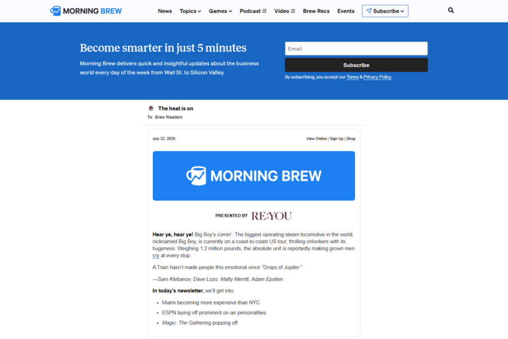 Morning Brew newsletter featuring a daily roundup of business and market news