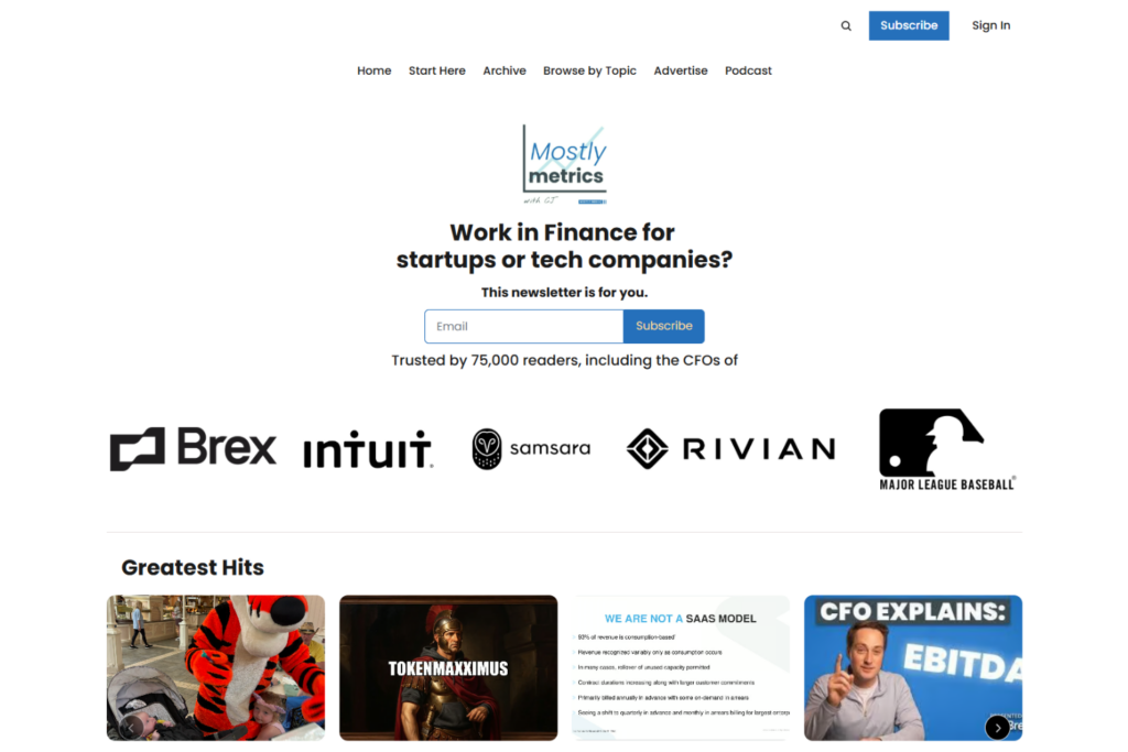 Mostly Metrics homepage promoting a finance newsletter for startup and tech professionals