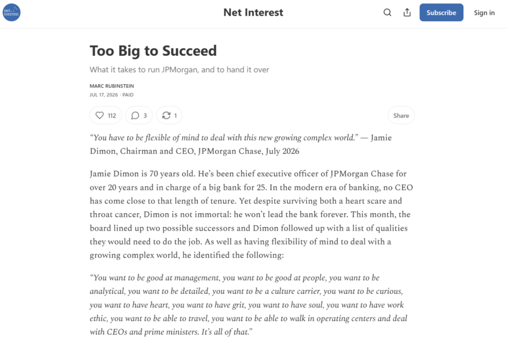 Net Interest article page featuring long-form analysis on banking and finance