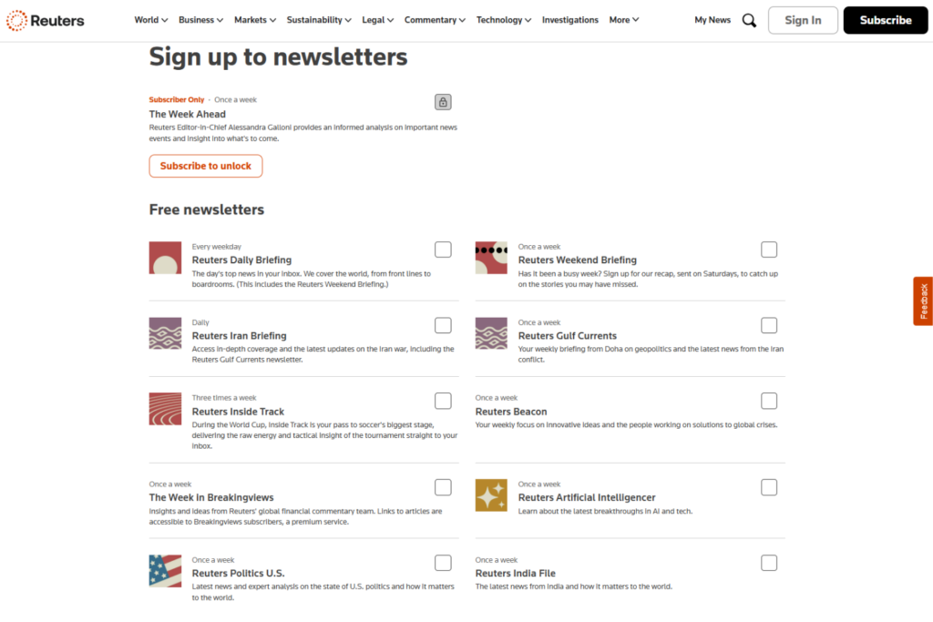 Reuters newsletters page listing global news, markets, politics, and AI editions