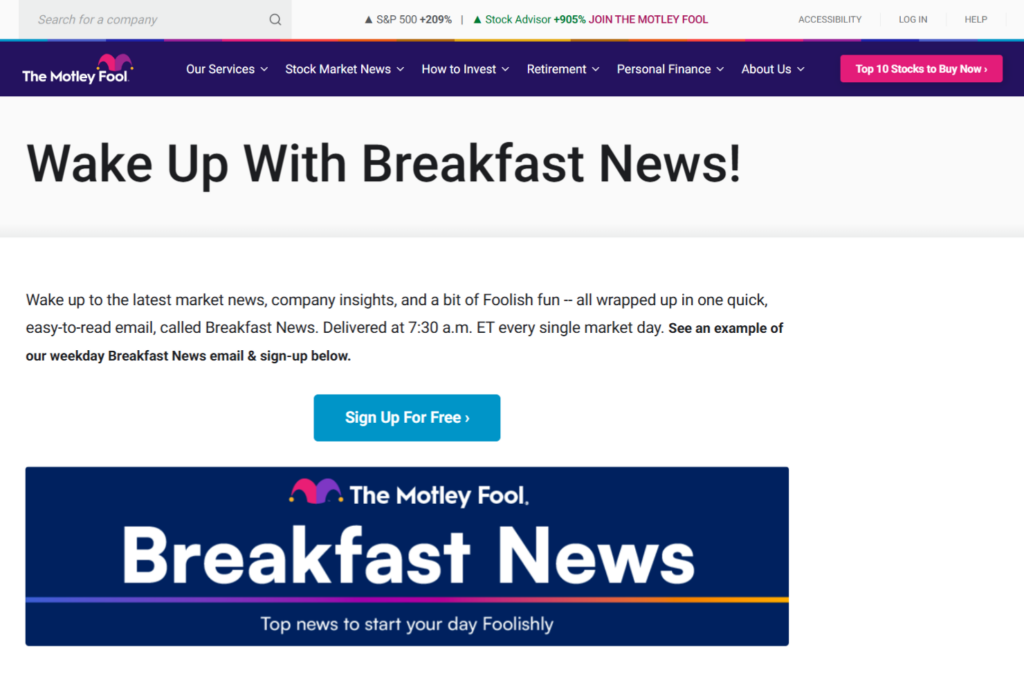 TMF Breakfast News signup page featuring a daily investing and market news newsletter