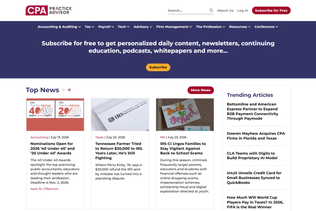 Tax & Compliance Advisor homepage with accounting and tax news