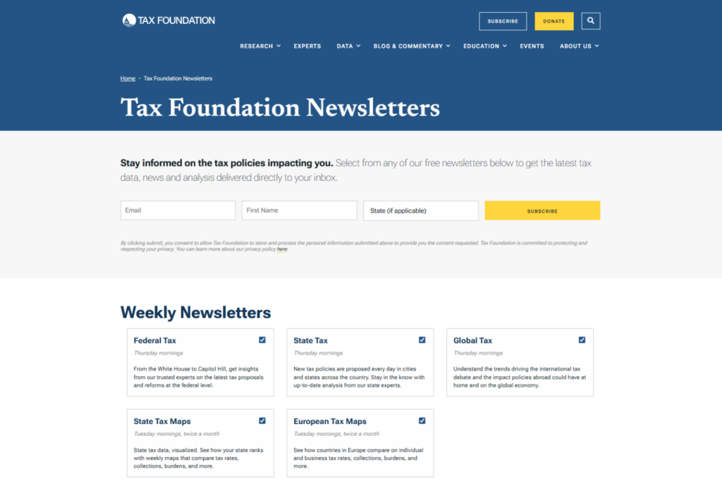 Tax Foundation newsletter signup page