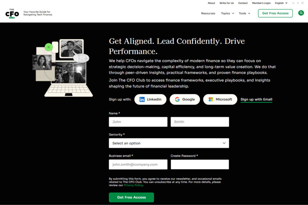 The CFO Club free membership sign-up page