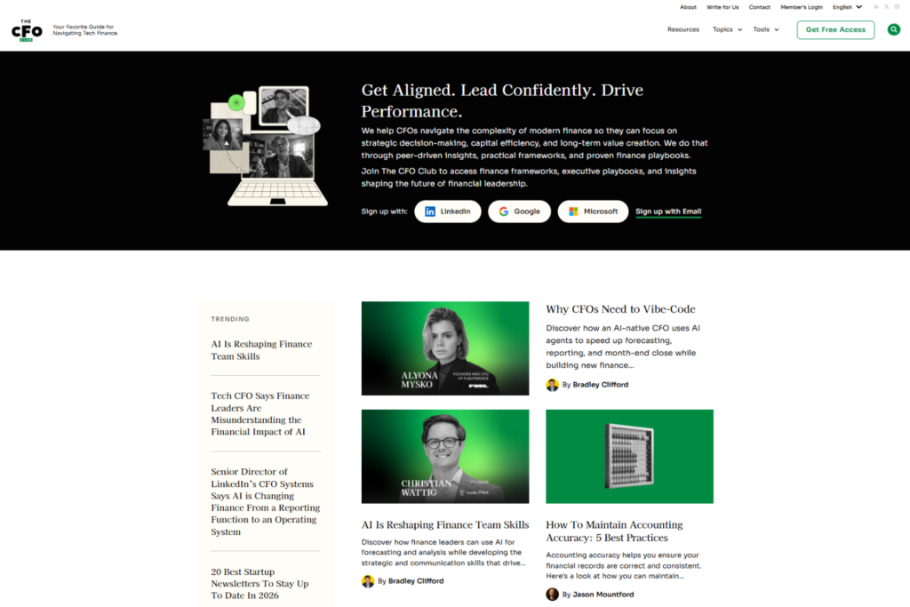 The CFO Club homepage with finance resources and member sign-up