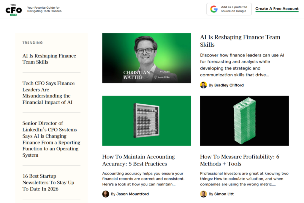 The CFO Club homepage features articles on AI, accounting, and finance leadership