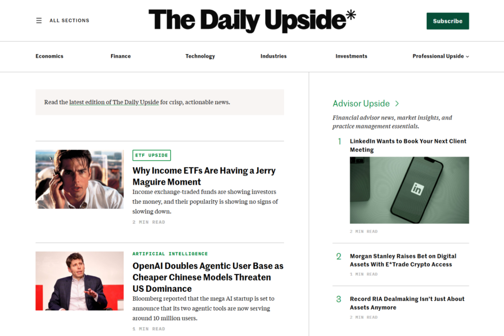 The Daily Upside homepage featuring concise stories on finance, AI, and investing