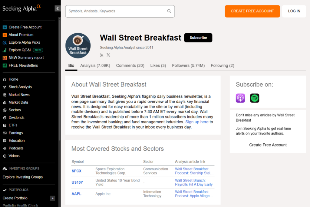 Wall Street Breakfast page featuring a daily market news summary and stock analysis