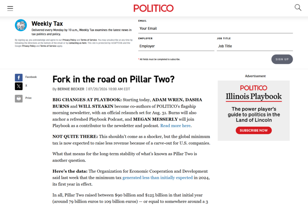 Weekly Tax newsletter page with a featured tax policy article