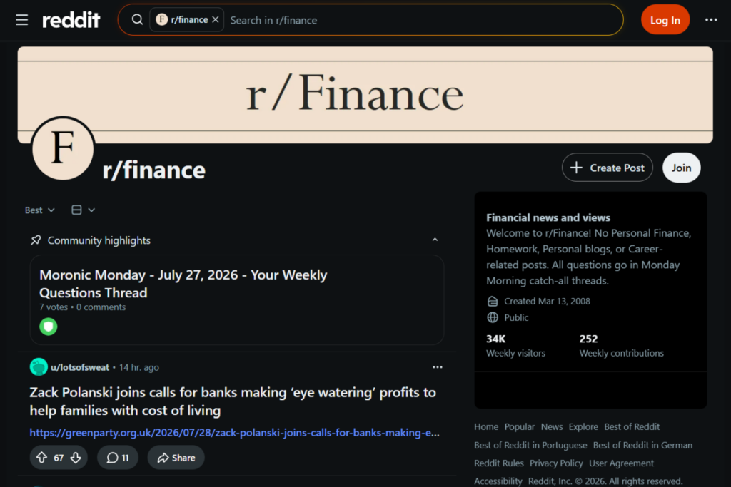 r/finance Reddit community homepage