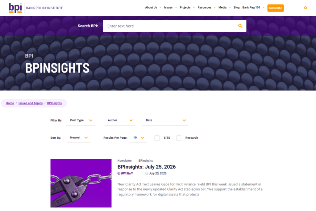 BPInsights page with latest banking policy newsletter