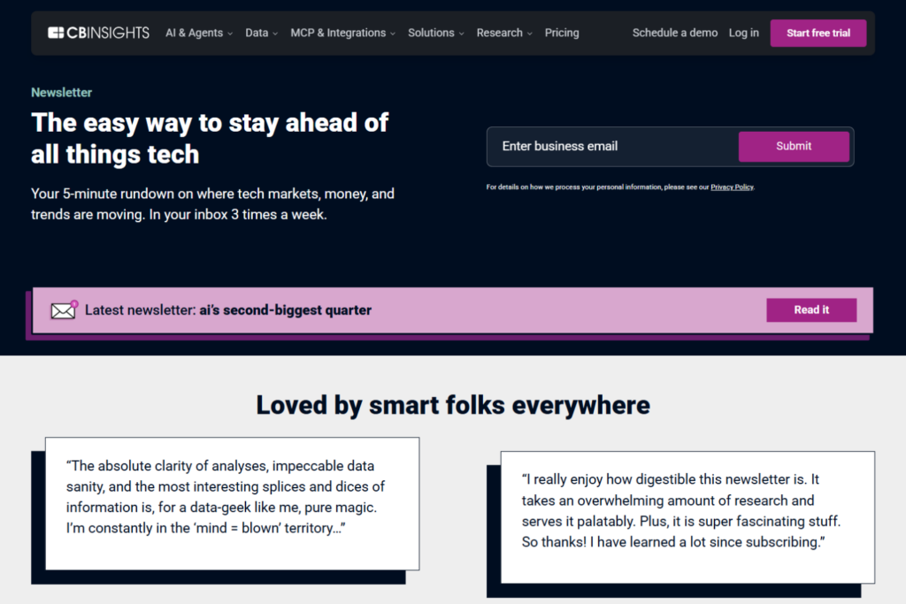 CB Insights Newsletter signup page for technology and market updates