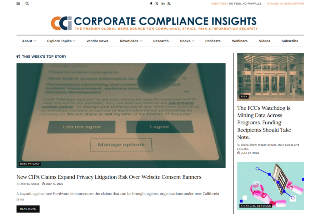 Corporate Compliance Insights homepage with featured compliance articles