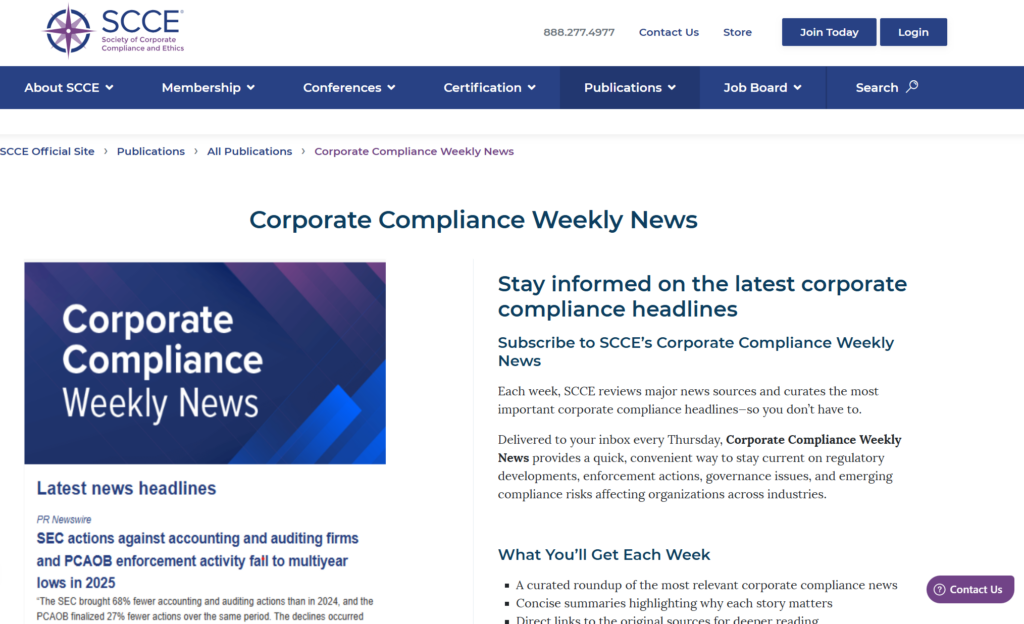 Corporate Compliance Weekly newsletter landing page.