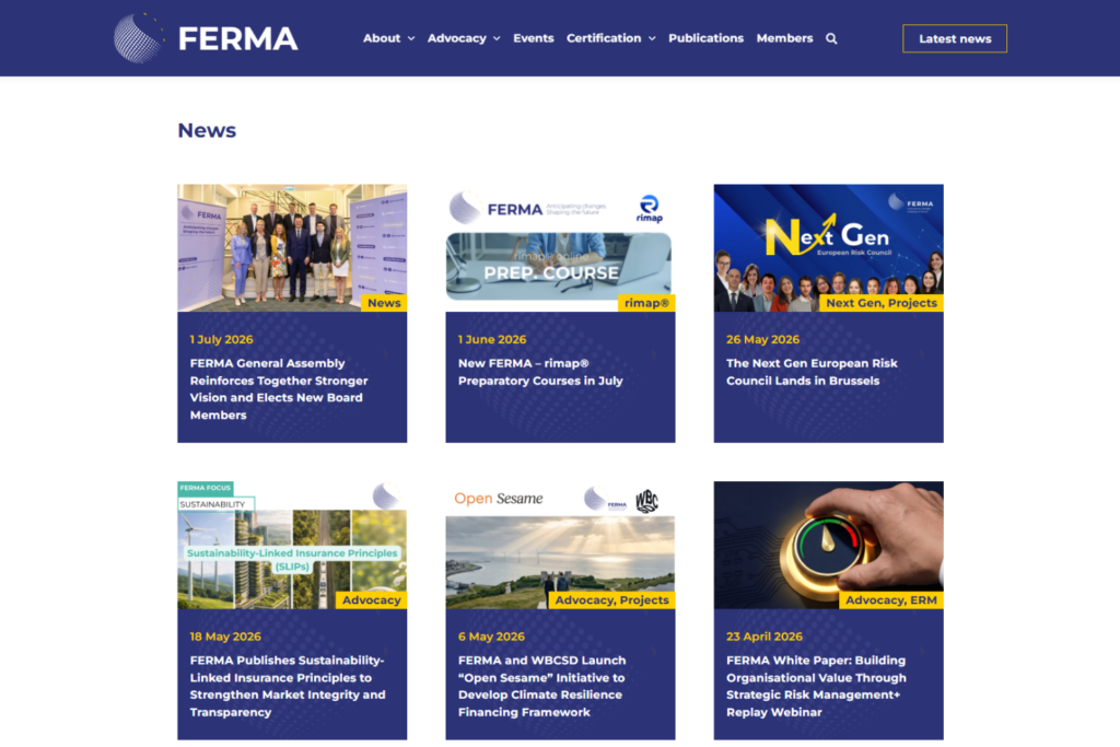 FERMA news page with recent risk management updates