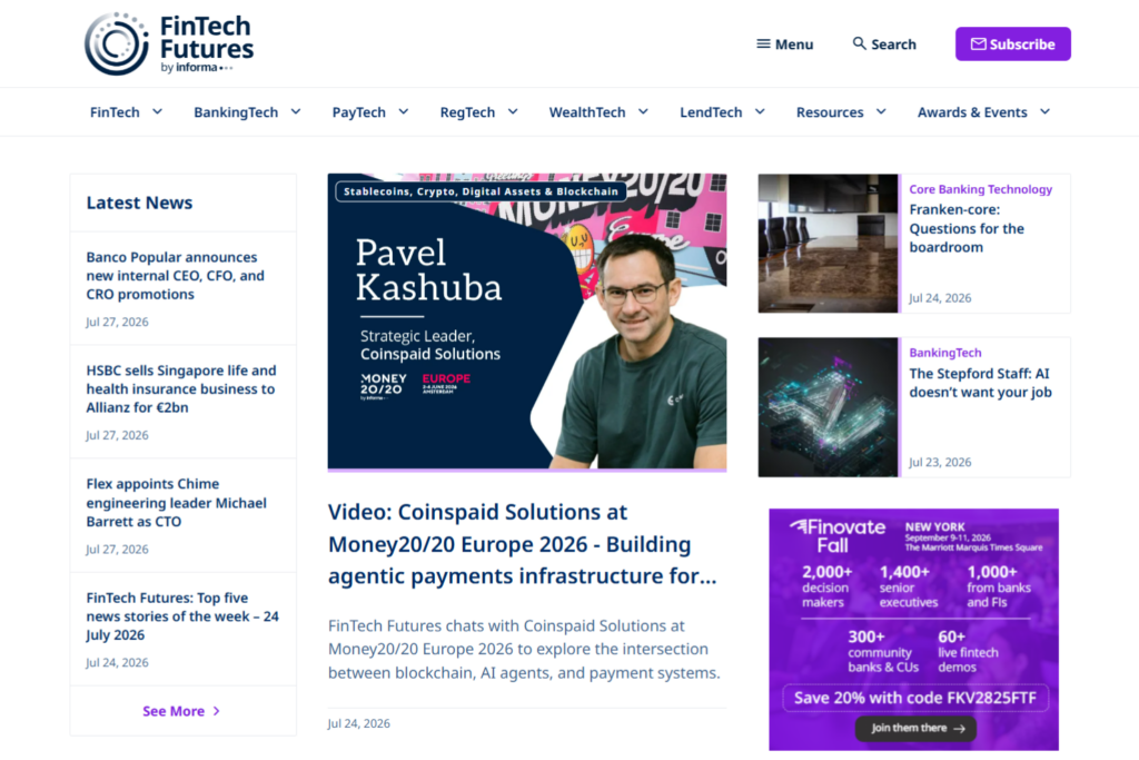 FinTech Futures homepage with banking technology and fintech news stories