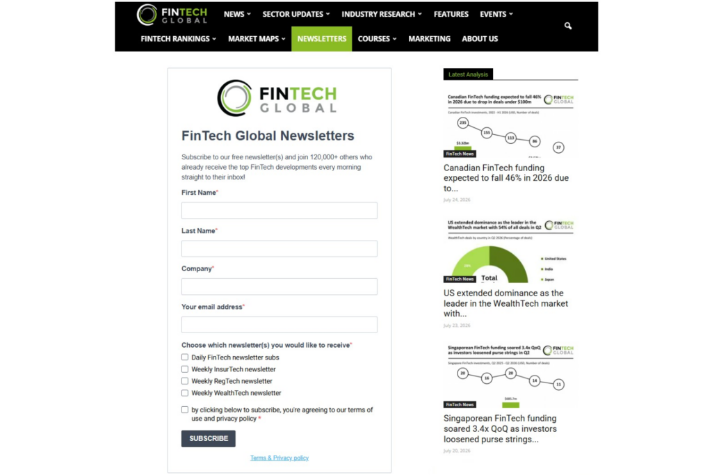 FinTech Global newsletter signup page with worldwide fintech coverage