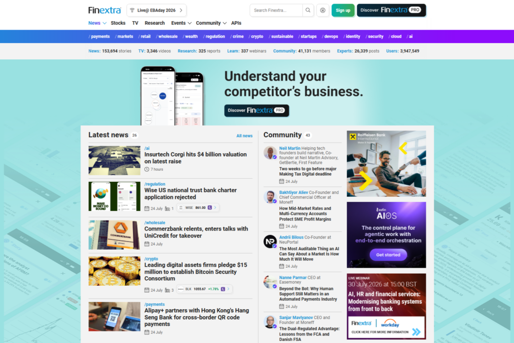 Finextra homepage with financial news, community posts, and industry updates