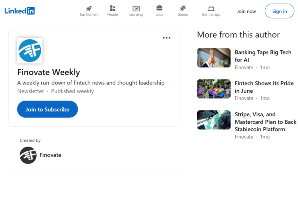Finovate Weekly LinkedIn newsletter page with subscription details