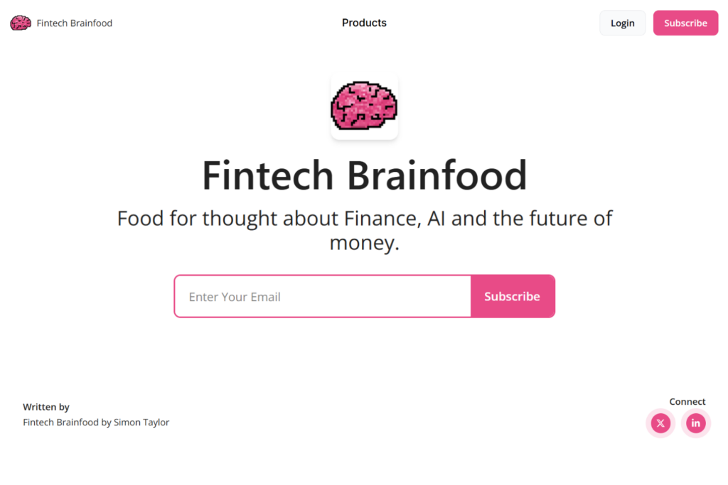 Fintech Brainfood newsletter subscription page focused on finance, AI, and payments