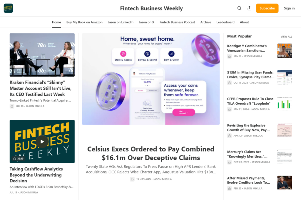 Fintech Business Weekly homepage featuring recent banking, fintech, and crypto articles