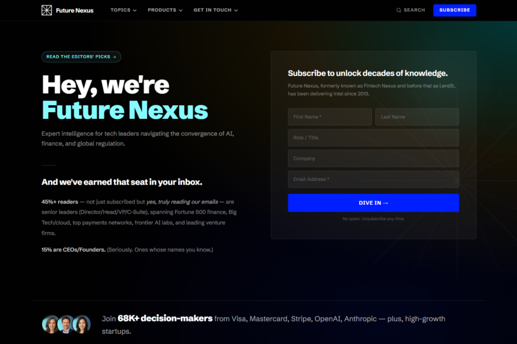 Fintech Nexus Newsletter subscription page highlighting AI, finance, and regulation