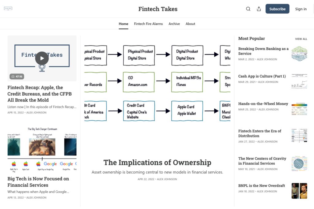 Fintech Takes homepage featuring banking and fintech analysis articles