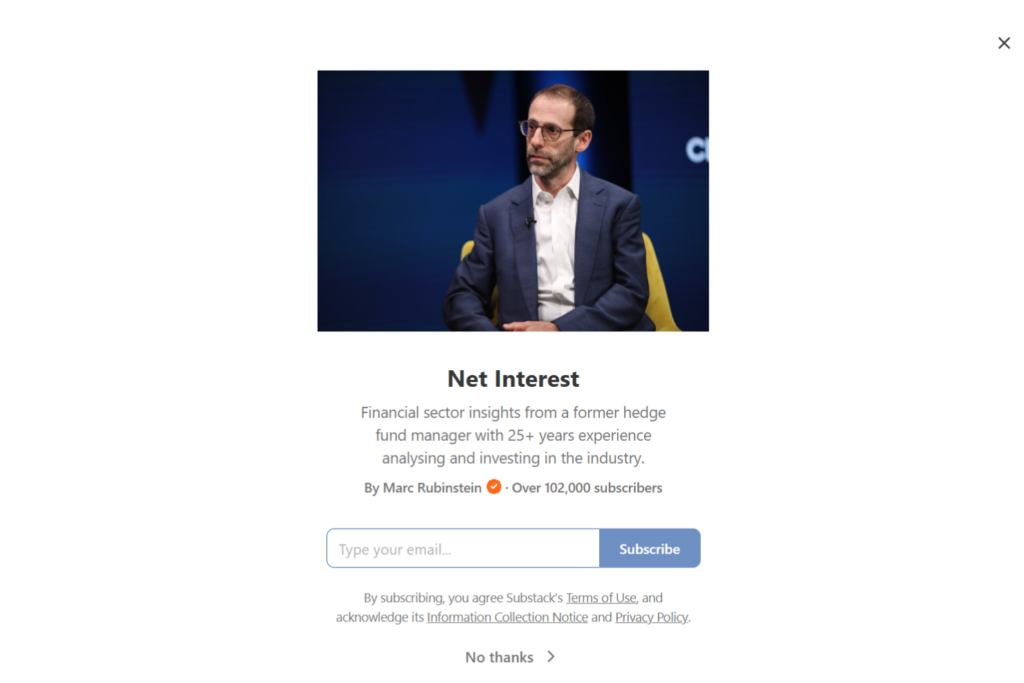Net Interest subscription page with financial markets newsletter overview