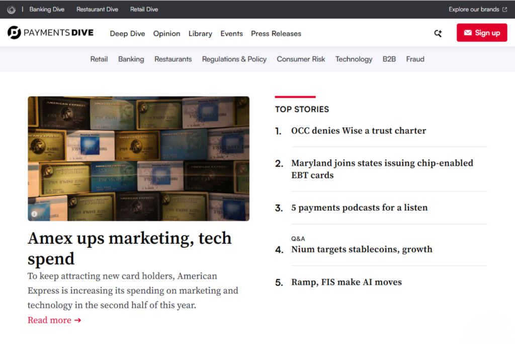 Payments Dive homepage featuring digital payments news and top stories