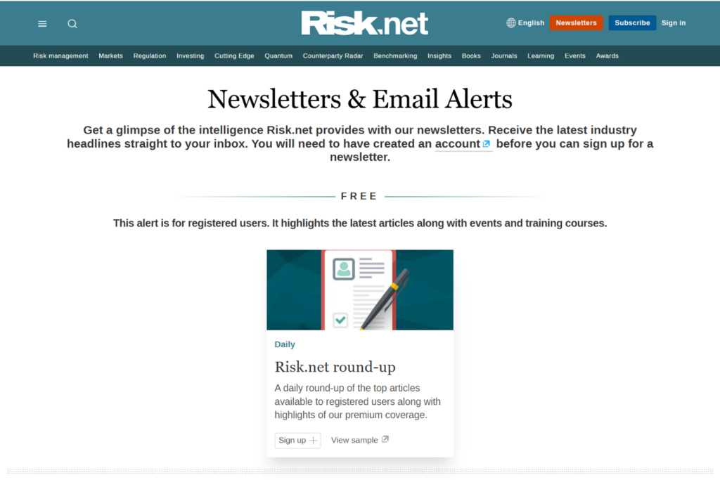 Risk.net Daily newsletter sign-up page