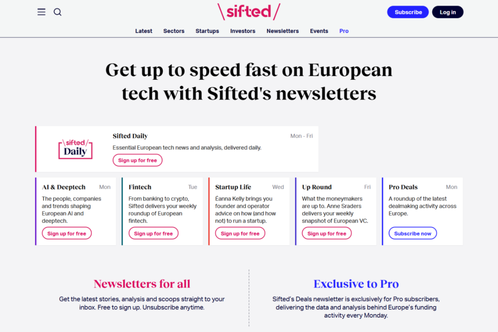 Sifted newsletters page featuring the European fintech newsletter
