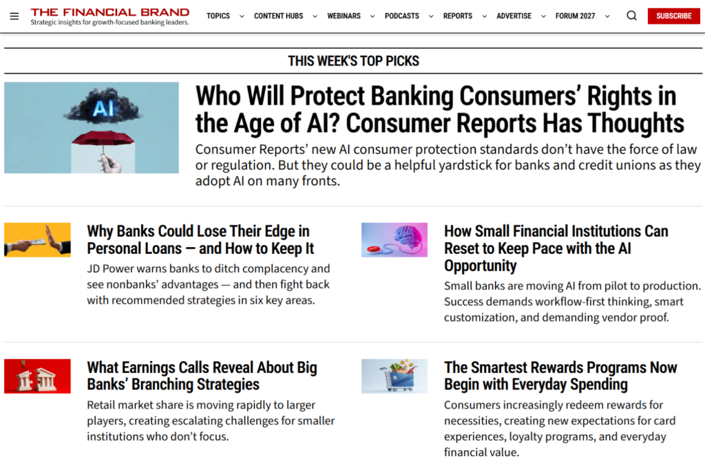 The Financial Brand homepage features banking strategy and consumer finance articles