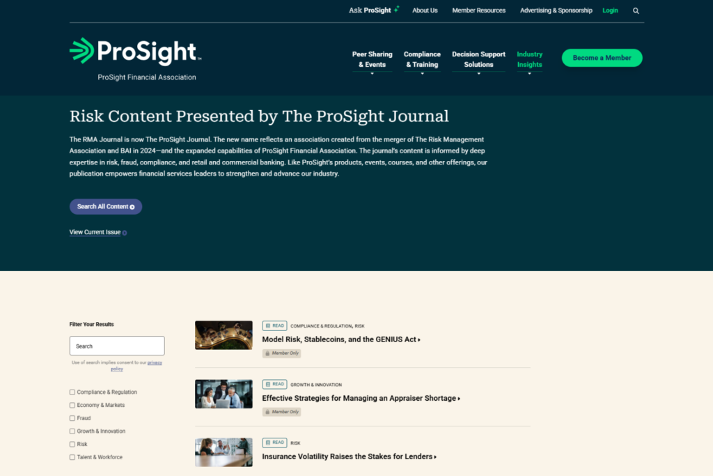 The ProSight Journal homepage with featured risk articles.