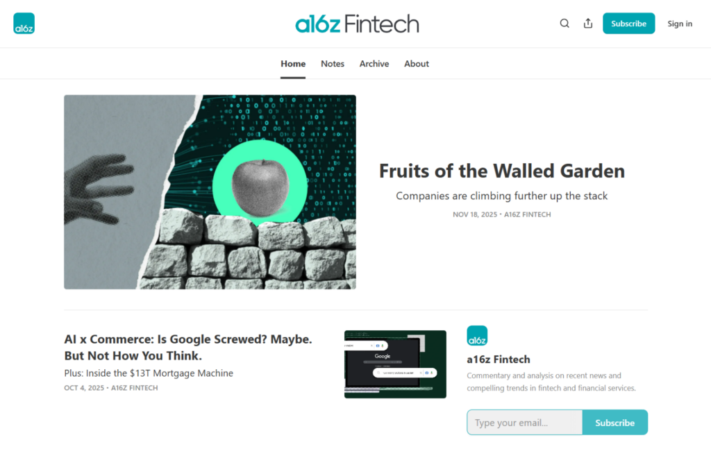 a16z Fintech Newsletter homepage with featured articles and subscription form