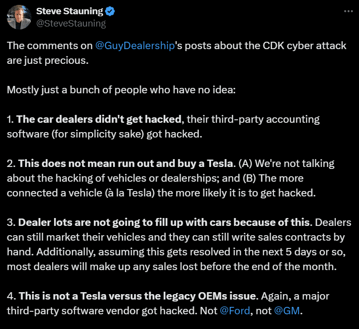 Screenshot of Tweet from Steve Stauning talking about CDK cyberattack and how it eroded trust in Tesla.
