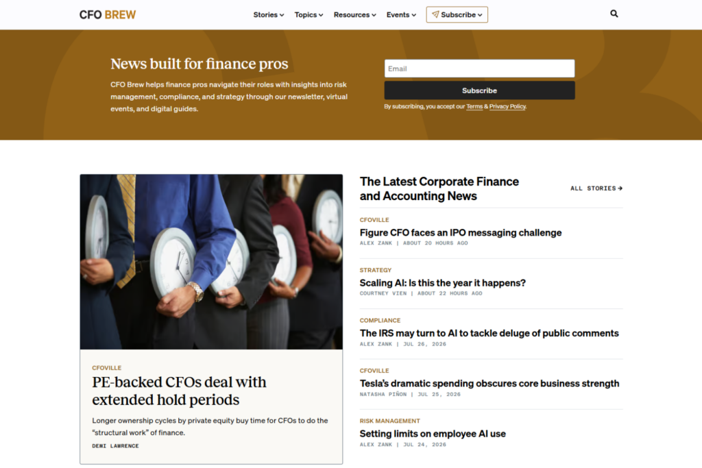 CFO Brew homepage with corporate finance news and newsletter signup
