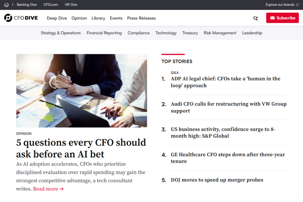 CFO Dive homepage featuring finance news and analysis for CFOs