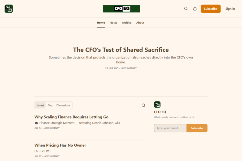 CFO EQ newsletter homepage with finance leadership articles and signup
