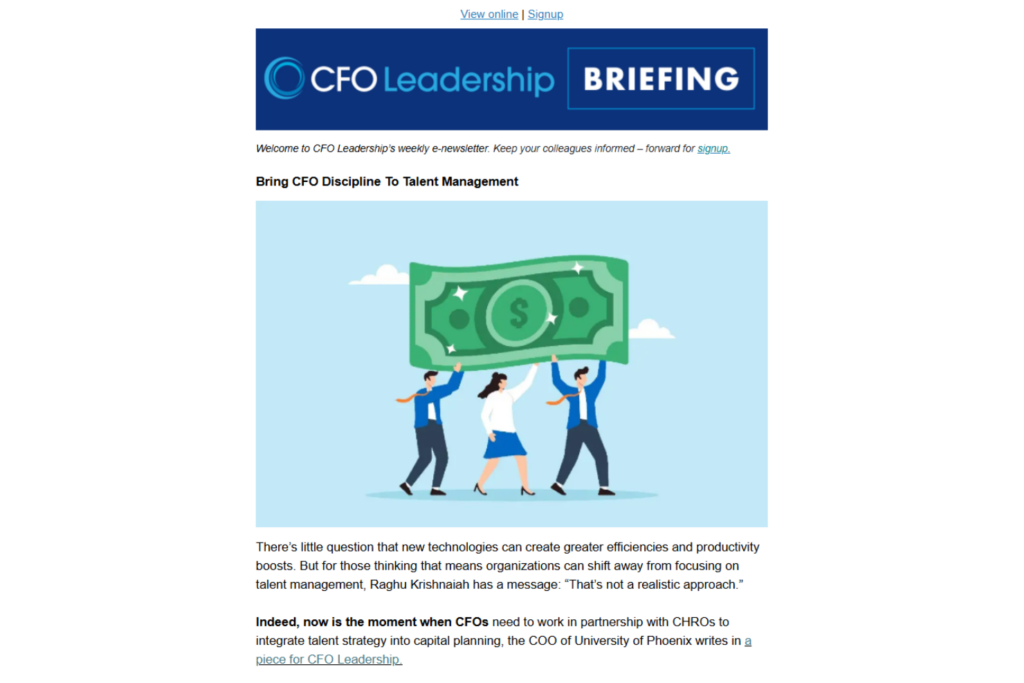 CFO Leadership Briefing newsletter featuring an article on talent management