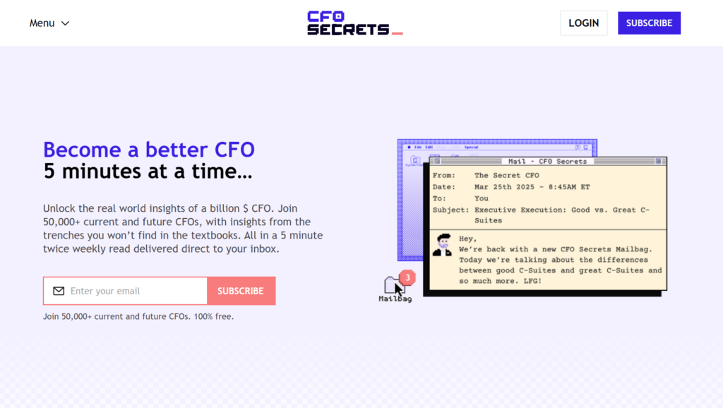 Startpagina van de CFO Secrets-nieuwsbrief.