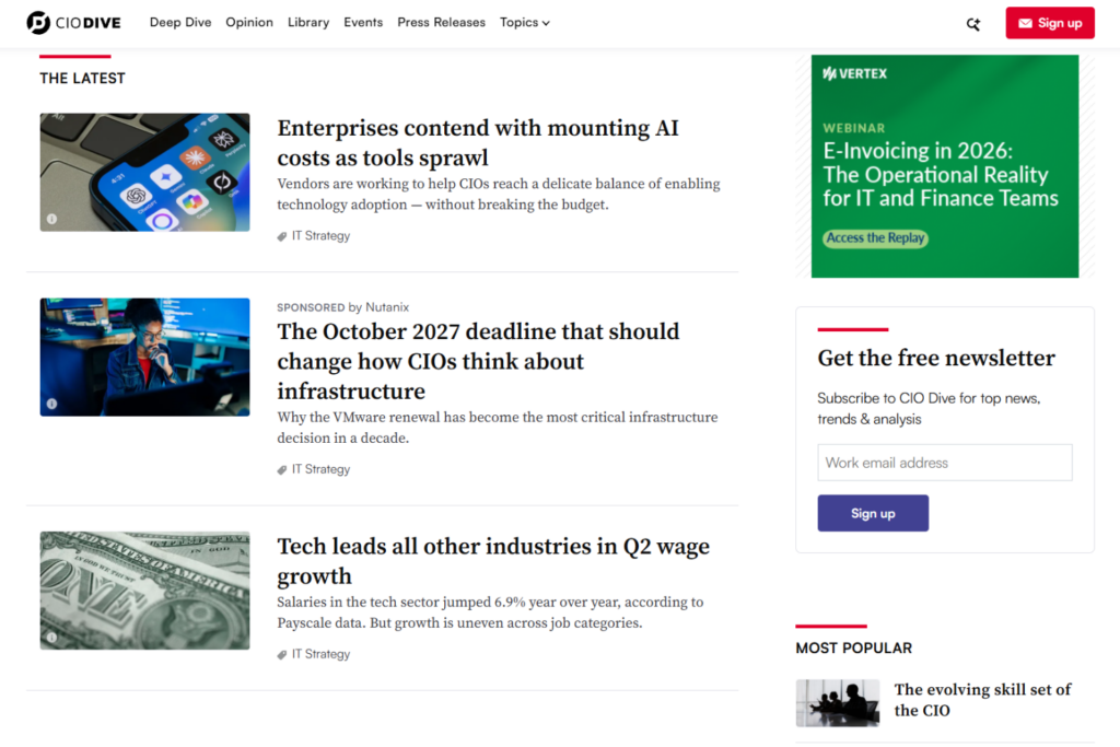 CIO Dive homepage featuring enterprise IT and AI news