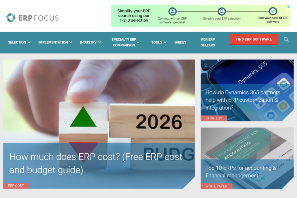 ERP Focus homepage featuring ERP comparisons, pricing, and buying guides